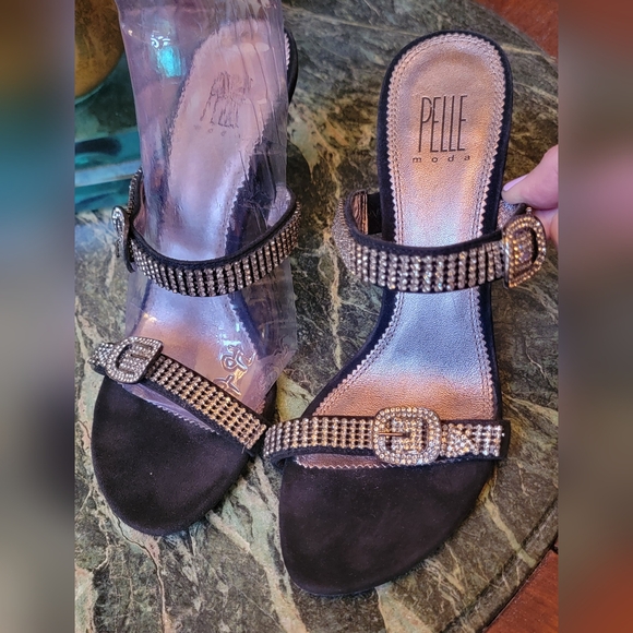 NEW PELLE MODA BLACK CRYSTAL BUCKLE HIGH HEEL SLIDE EVENING SANDALS SHOES 9 - Picture 1 of 13